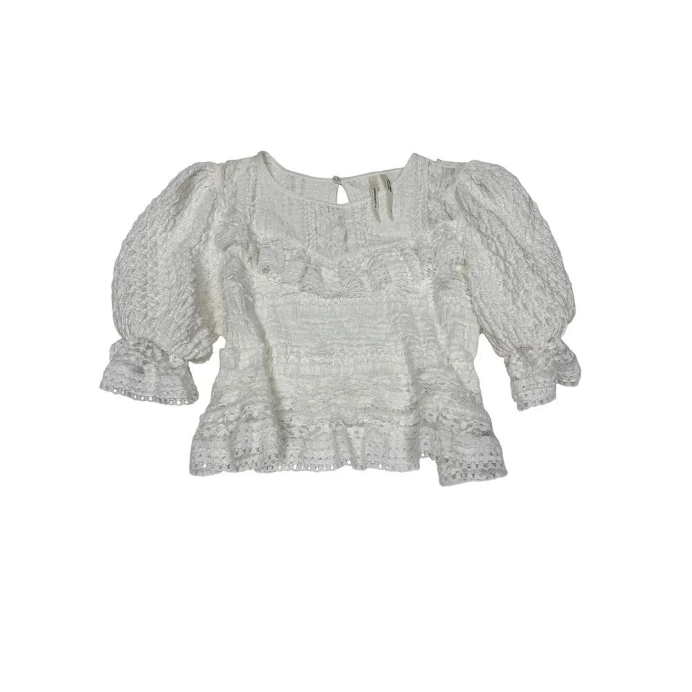 Anthropologie White Lace Puff Sleeve Smocked Ruffle Blouse Top XS